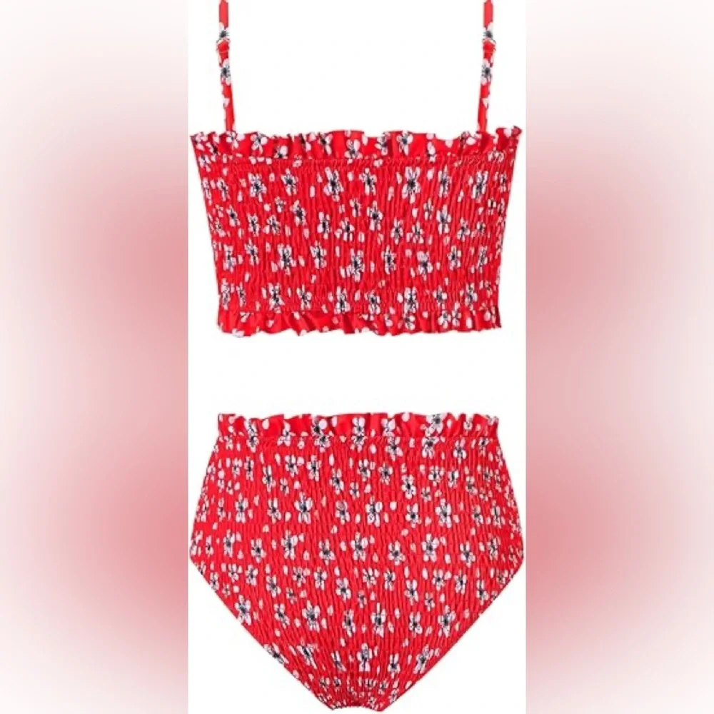 VOLAFA High Waisted Swimsuit Bandeau Ruffled Smocked Ruched 2 Pc Bikini Set.